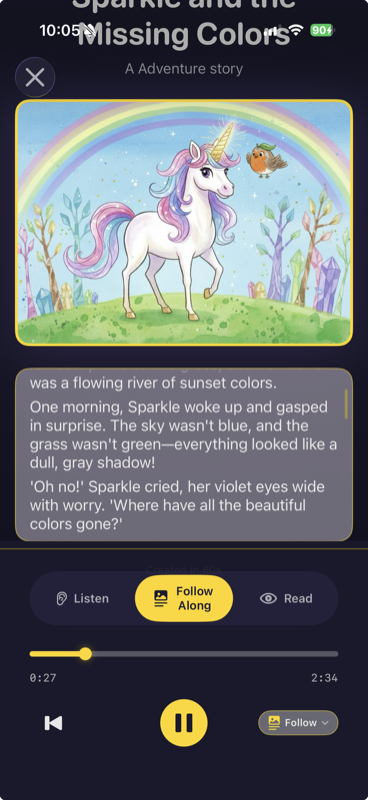 Story playback with follow-along narration