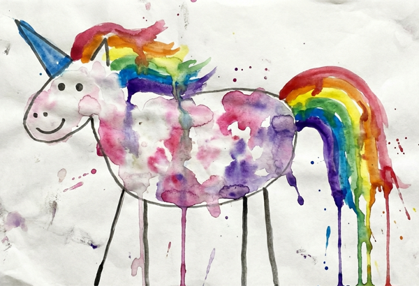 A child's watercolor drawing of a rainbow unicorn